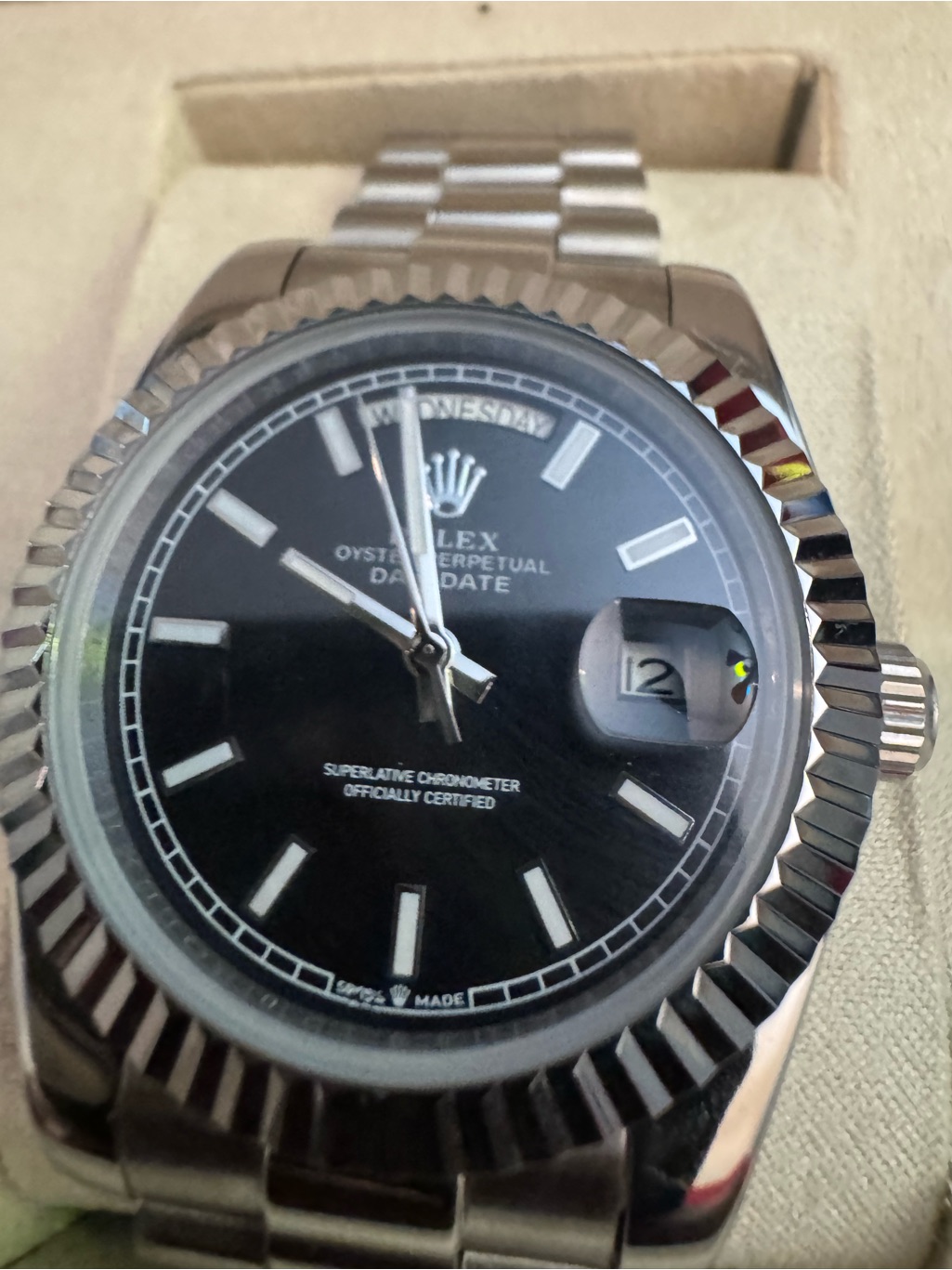 Rolex Rep Mens Stainless Steel Watch With Black Dial And Silver Bracelet